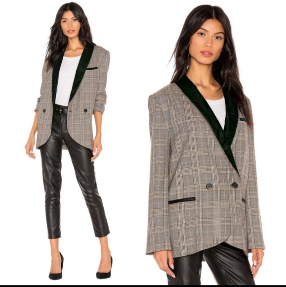 Free People Velvet Trimmed Plaid Relaxed Fit Blazer Black Brown Medium